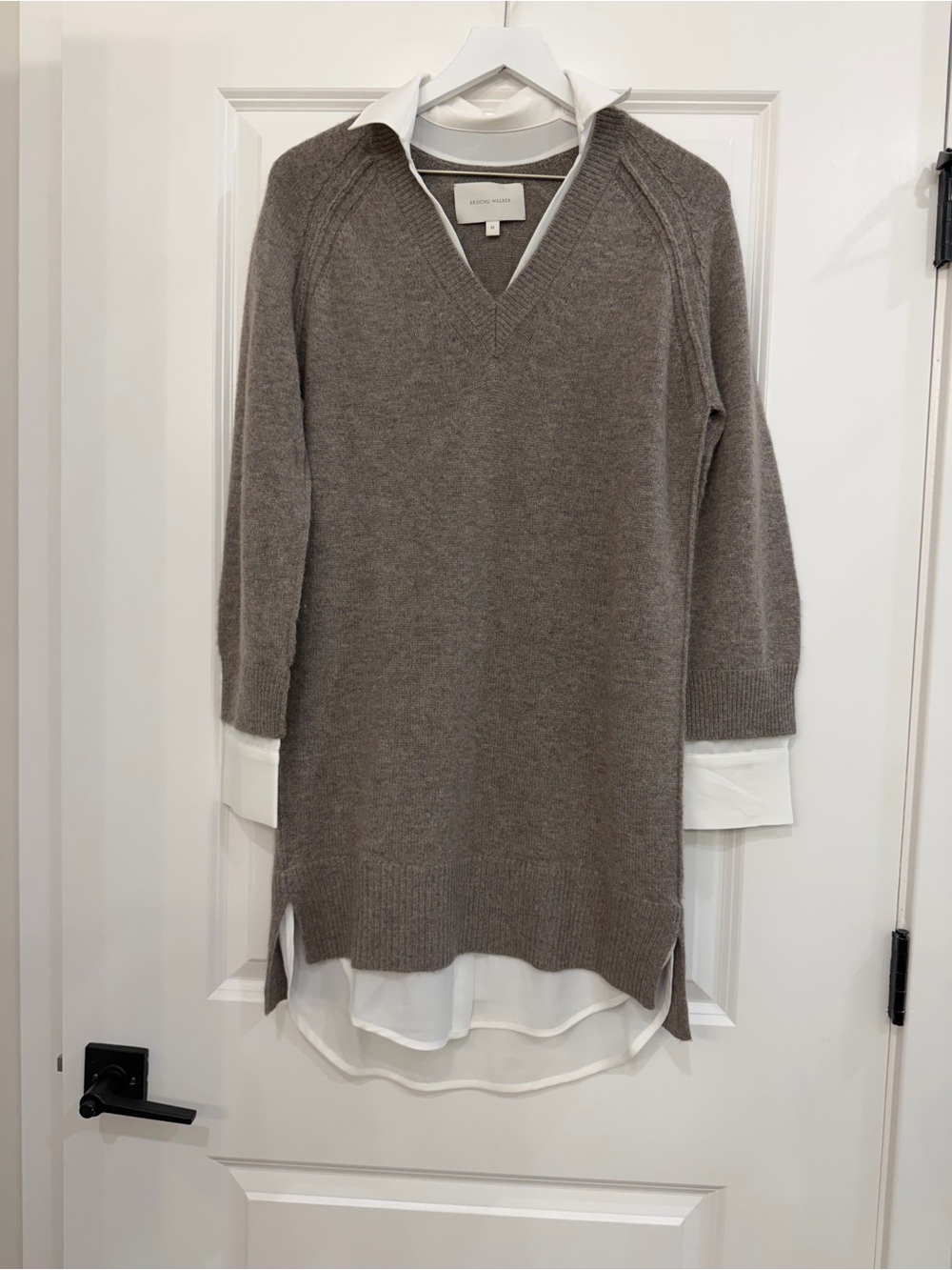 Brochu Walker Layered Sweater Dress Gray White V-Neck Size M